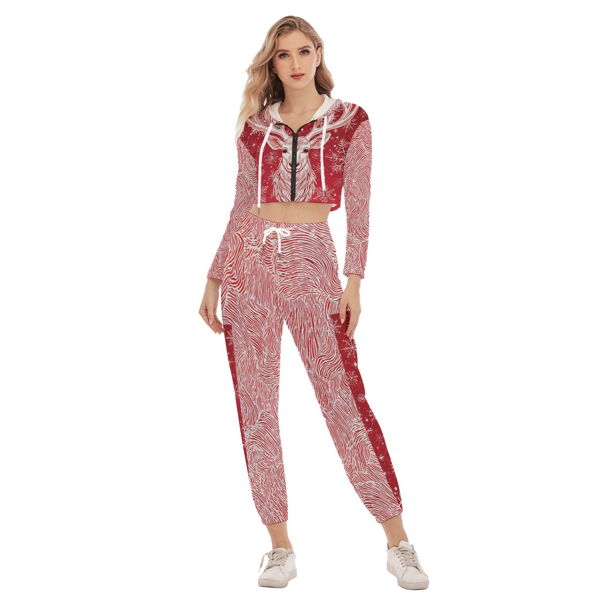 Women's Christmas Crop Hoodie & Pants Set. Red & White Christmas Pajamas Alternative. WickedYo.